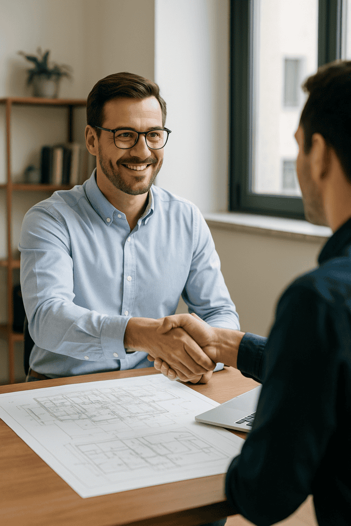 Consultant în proiectare instalații electrice dând mâna cu un client, simbol al încrederii și colaborării profesionale în București și Ilfov.