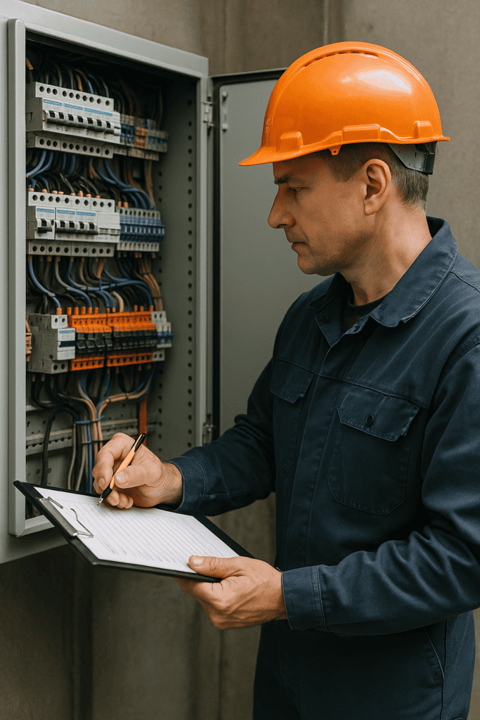 Tehnician verificând un panou electric și completând un checklist conform normativelor instalațiilor electrice, București Ilfov.